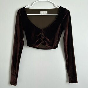 Brown Velvet Long Sleeve Crop-Top